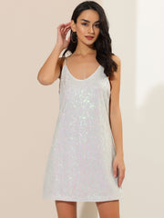 Glitter Sequin V Neck Spaghetti Strap Mini Party Dress