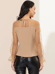 Lace Round Neck Heart Dots Sheer Blouse Long Mesh Sleeve Top