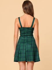 Plaid Zipper Front Party Strap Sleeveless Tube Mini A-Line Dress