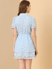 Peter Pan Collar Floral Drawstring Chiffon Layered Dress