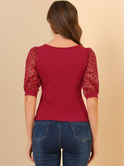 Retro Square Neck Tops Slim Fit Semi Sheer 3/4 Mesh Sleeve Top