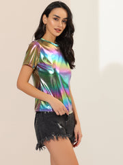 Glitter Metallic Short Sleeve Shiny Multicolor Blouse