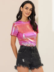 Party Metallic Textured Short Sleeve Shiny Multicolor Top