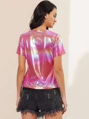 Party Metallic Textured Short Sleeve Shiny Multicolor Top