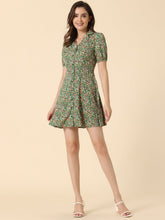 Button Up Short Sleeve A-Line Chiffon Vintage Floral Shirt Dress