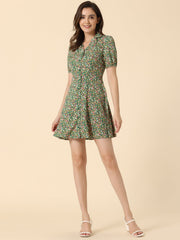 Button Up Short Sleeve A-Line Chiffon Vintage Floral Shirt Dress