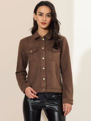 Faux Suede Turn-Down Collar Flap Pocket Snap Button Jacket