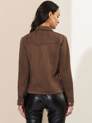 Faux Suede Turn-Down Collar Flap Pocket Snap Button Jacket
