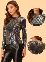 Metallic Glitter Shiny Long Sleeve Sparkly Party Blouse
