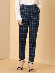 Vintage Tartan Plaid Pants Elastic Waist Straight Long Trousers