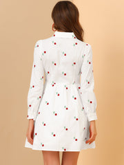 Casual Long Sleeve Half Placket Embroidered Floral Mini Shirt Dress