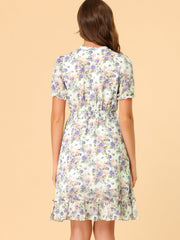Floral Smocked Tie Neck Puff Sleeve Ruffle Chiffon Tiered Dress