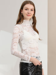 See Through Long Sleeve Turtleneck Sheer Floral Lace Blouse