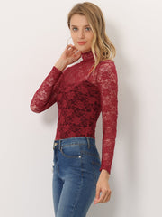 See Through Long Sleeve Turtleneck Sheer Floral Lace Blouse