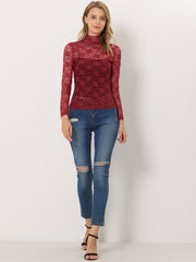 See Through Long Sleeve Turtleneck Sheer Floral Lace Blouse