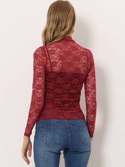 See Through Long Sleeve Turtleneck Sheer Floral Lace Blouse