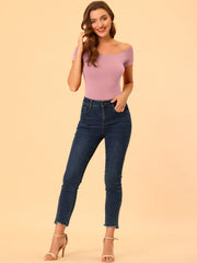 Off Shoulder Short Sleeve Solid Basic Sexy Slim Fit Blouse