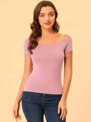 Off Shoulder Short Sleeve Solid Basic Sexy Slim Fit Blouse
