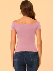 Off Shoulder Short Sleeve Solid Basic Sexy Slim Fit Blouse
