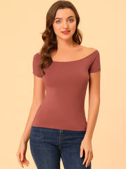 Off Shoulder Short Sleeve Solid Basic Sexy Slim Fit Blouse