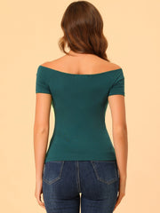 Off Shoulder Short Sleeve Solid Basic Sexy Slim Fit Blouse