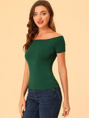 Off Shoulder Short Sleeve Solid Basic Sexy Slim Fit Blouse