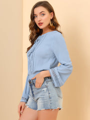 Boho Beach Blouse Bell Sleeve Lace Trim Tie Neck Peasant Smocked Top