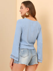 Boho Beach Blouse Bell Sleeve Lace Trim Tie Neck Peasant Smocked Top