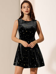 Shiny Stars Print Sleeveless Swing Mini Velvet Dress