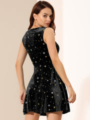 Shiny Stars Print Sleeveless Swing Mini Velvet Dress
