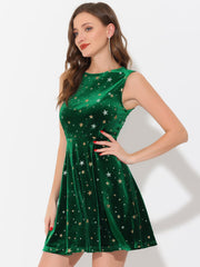 Shiny Stars Print Sleeveless Swing Mini Velvet Dress