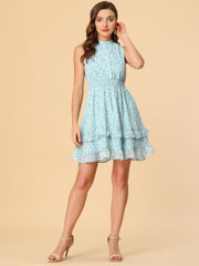 Floral A-line Smocked Waist Tiered Ruffled Chiffon Mini Dress