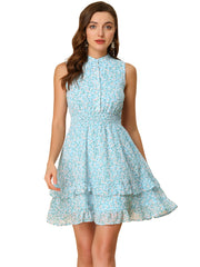 Floral A-line Smocked Waist Tiered Ruffled Chiffon Mini Dress