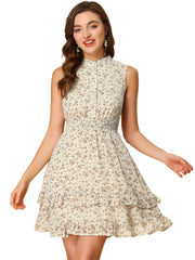 Floral A-line Smocked Waist Tiered Ruffled Chiffon Mini Dress