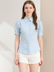 Puff Sleeve Collared Cotton Work Office Button Down Shirt