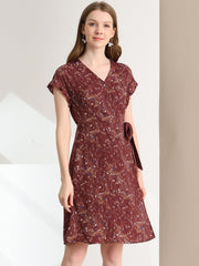 Ditsy Floral V Neck Ruffle Flutter Sleeve Midi Wrap Dress