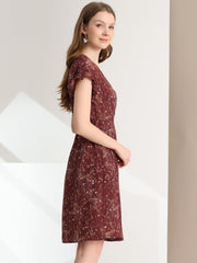 Ditsy Floral V Neck Ruffle Flutter Sleeve Midi Wrap Dress
