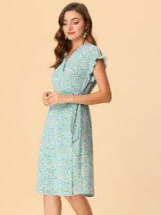 Ditsy Floral V Neck Ruffle Flutter Sleeve Midi Wrap Dress