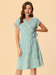 Ditsy Floral V Neck Ruffle Flutter Sleeve Midi Wrap Dress