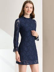Lace Floral Ruffle Crew Neck Cocktail Mini Dress