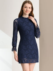 Lace Floral Ruffle Crew Neck Cocktail Mini Dress