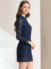 Lace Floral Ruffle Crew Neck Cocktail Mini Dress