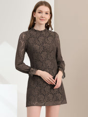 Lace Floral Ruffle Crew Neck Cocktail Mini Dress
