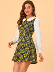 Peter Pan Collar Contrast Color Button Decor Plaid Dress