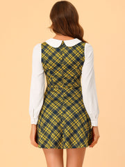 Peter Pan Collar Contrast Color Button Decor Plaid Dress
