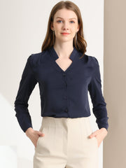 Work Office Blouse Button Up Long Sleeve V Neck Chiffon Shirt
