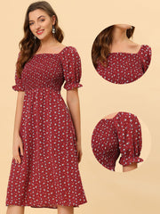 Square Neck Puff Sleeve Shirred Floral Casual Midi Dress