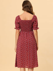 Square Neck Puff Sleeve Shirred Floral Casual Midi Dress