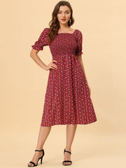 Square Neck Puff Sleeve Shirred Floral Casual Midi Dress
