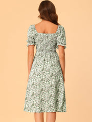 Square Neck Puff Sleeve Shirred Floral Casual Midi Dress